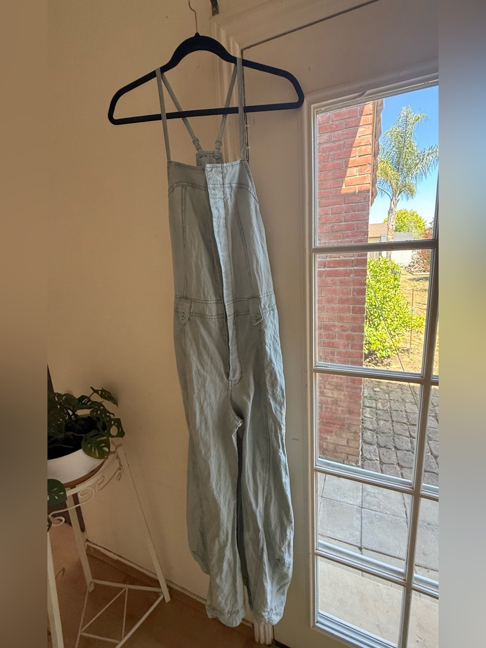 Dusty Mint Crinkly Linen Wide-Leg Overalls